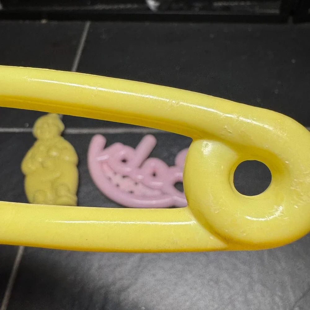 RARE 50s Vintage Celluloid Plastic Baby Rattles‎ Set of 3 Pink Safety Pin Clown